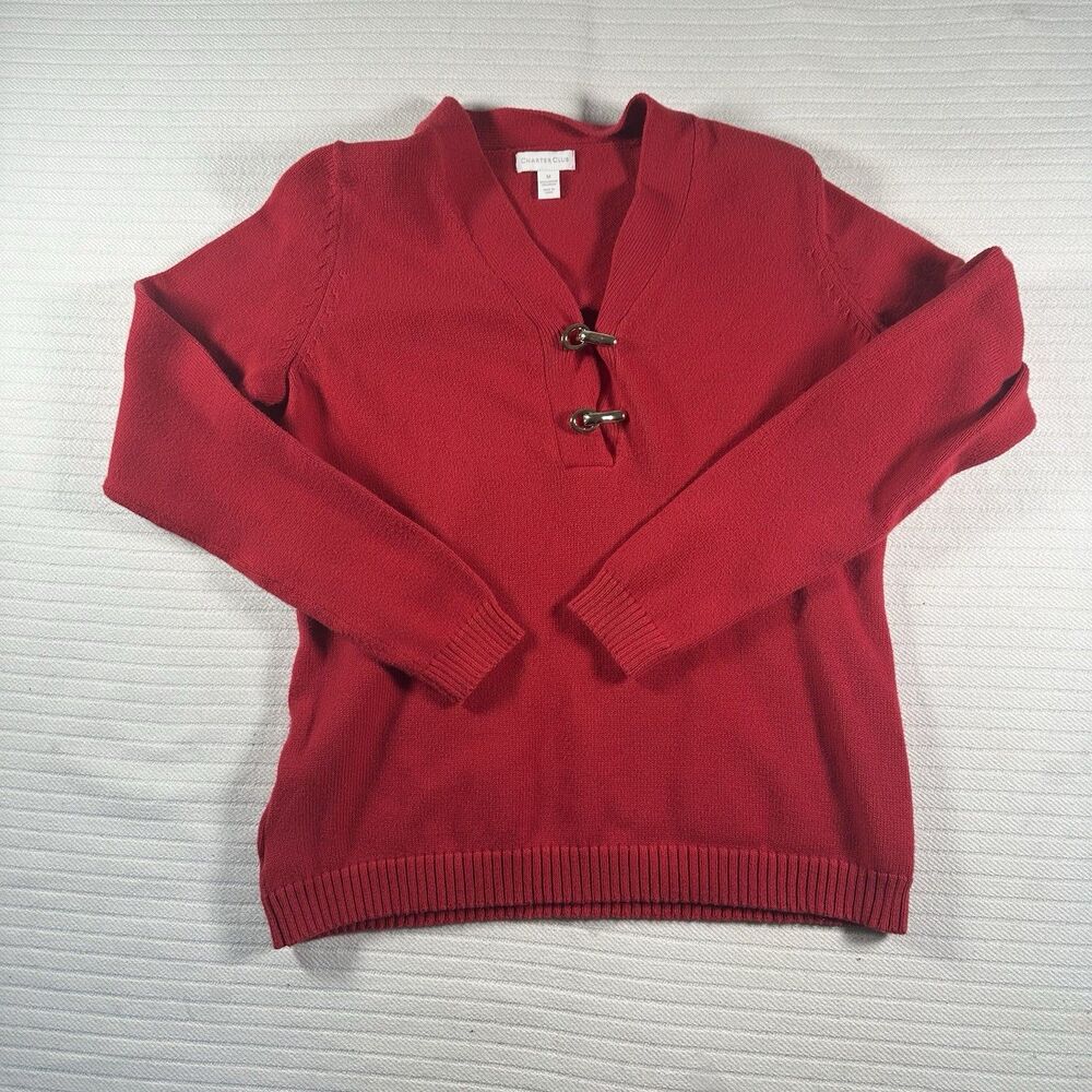 Charter Club Women’s Sweater Medium Red Knit Toggle Neck Pullover